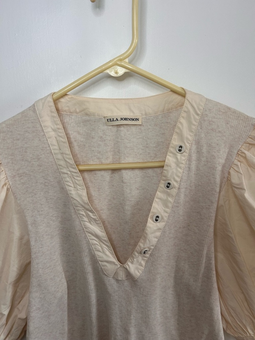 ULLA JOHNSON PIA V-NECK MELANGE RIB KNIT TOP WITH PUFF SLEEVES SIZE MEDIUM - Picture 4 of 13